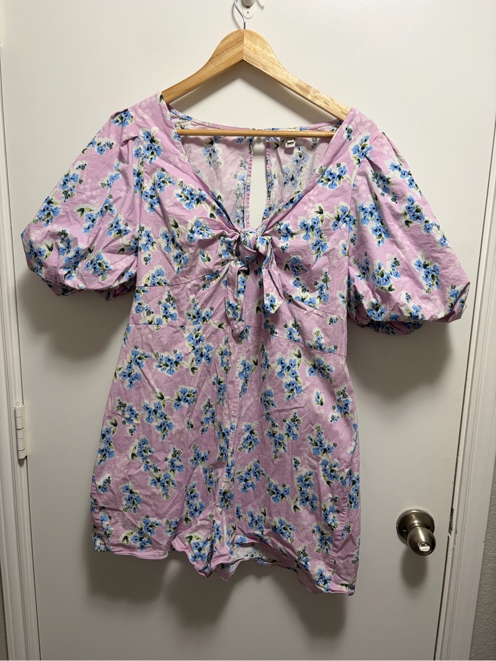 River Island Pink and Blue Floral Puff Sleeve Tie Front Romper Size UK18 US14
